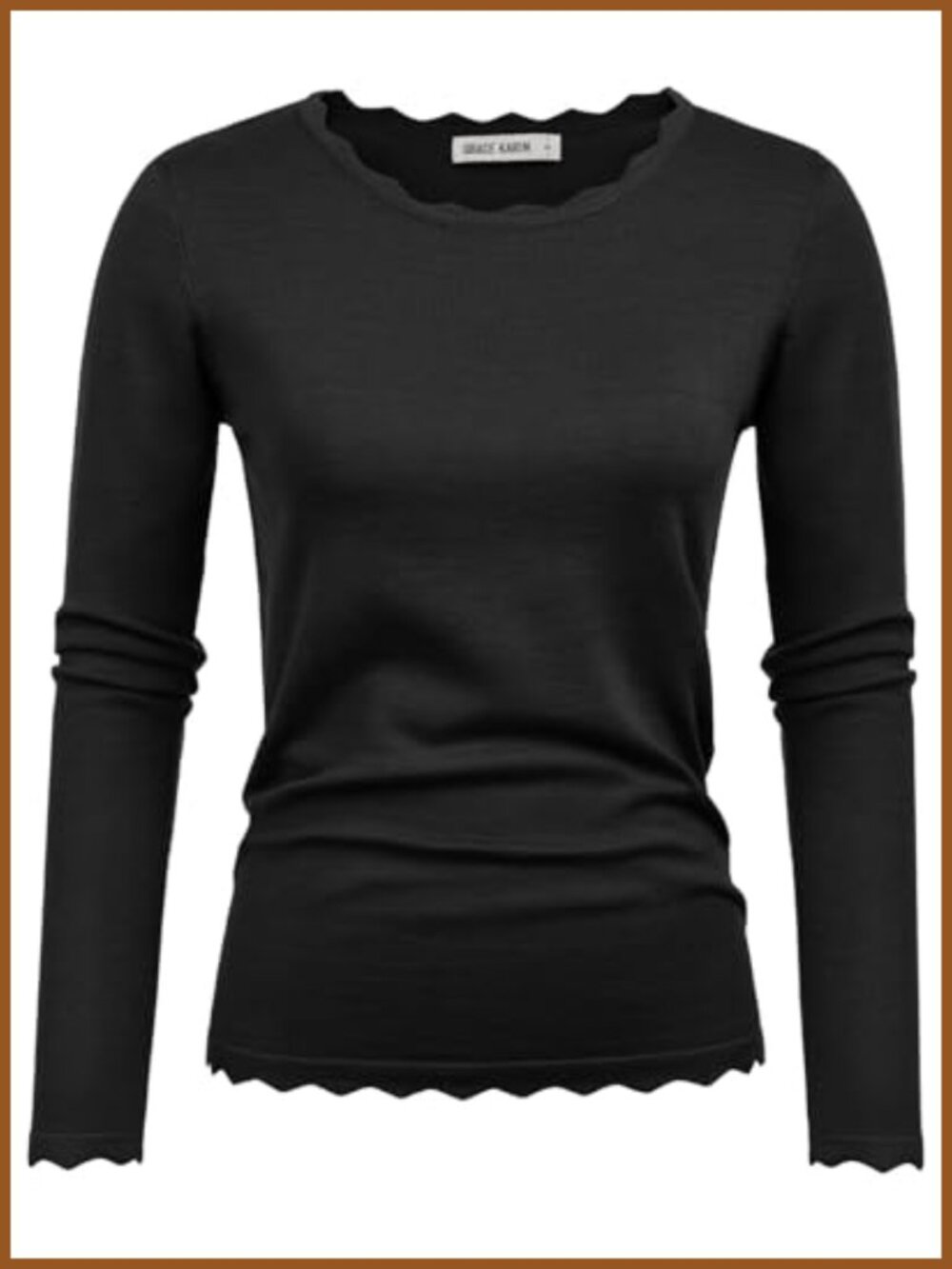 Long Sleeve Scalloped Trim Sweater Pullover Business Casual Top